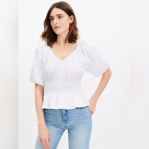 Elegant White Puff Sleeve Top Loft Gathered Waist V-Neck Blouse white XS $59.95